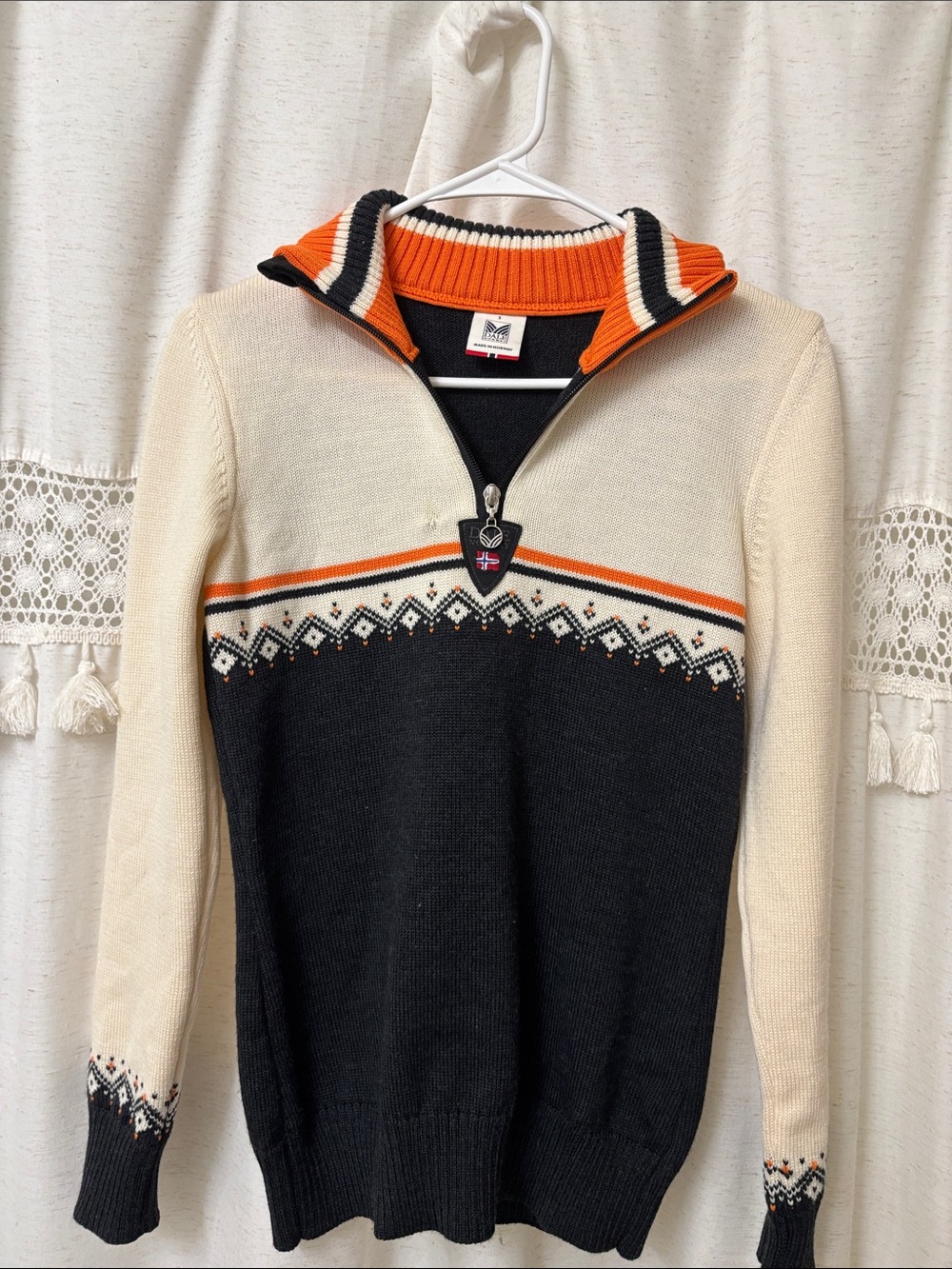 Dale of Norway Cream, Black & Orange Half-Zip Nordic Sweater